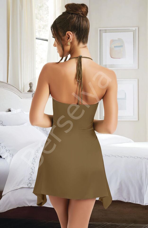 Özel Tasarım İnce Askılı Boyundan Bağlamalı Koyu Yeşil Mini Saten Gecelik