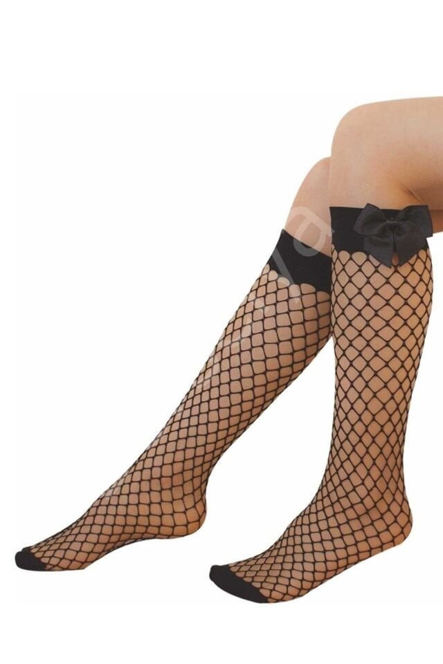 Siyah Fileli Diz Altı Fiyonklu Kız Çocuk Çorap