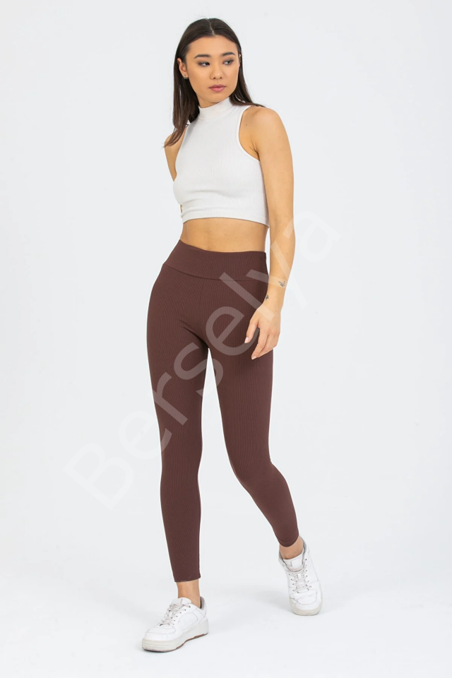 Kahverengi Yüksek Bel Fitilli Tayt 0608