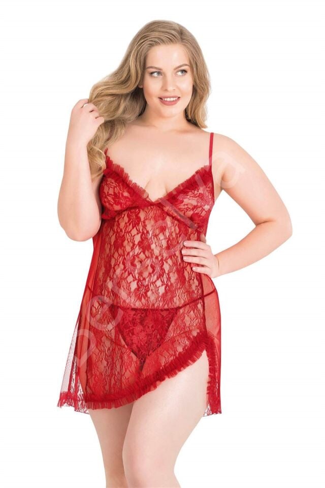 Büyük Beden Kırmızı Kısa Tül Gecelik