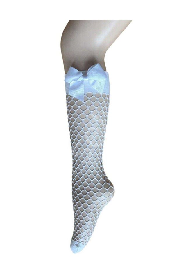 Beyaz Fileli Diz Altı Fiyonklu Kız Çocuk Çorap