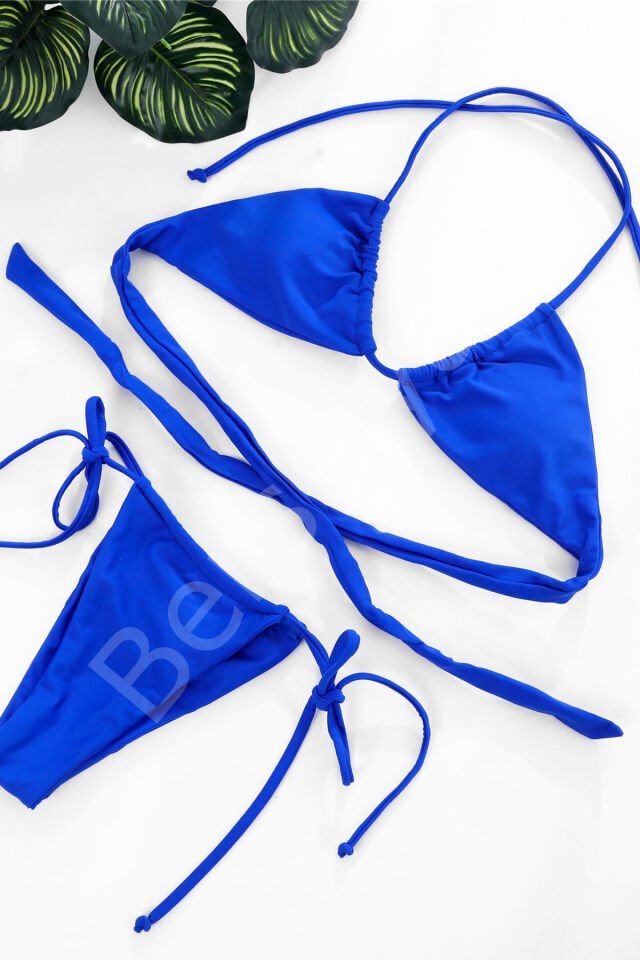 Kadın Mavi Yandan Bağlamalı Tangalı Üçgen Bikini Mayo Takımı