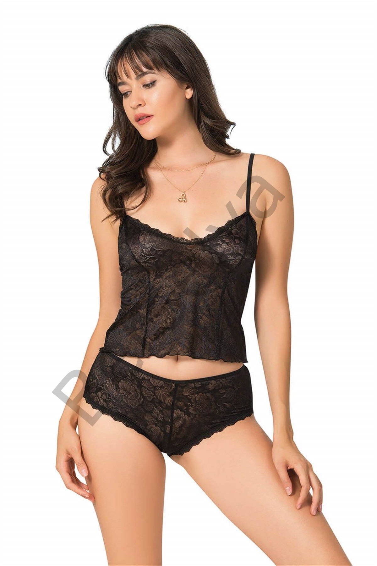 Siyah Jakarlı Babydoll Şort Takımı