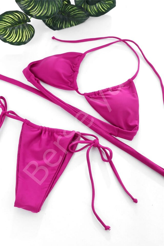 Kadın Fuşya Yandan Bağlamalı Tangalı Üçgen Bikini Mayo Takımı