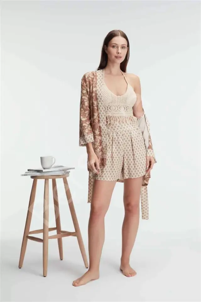 İp Askılı V Yaka Kadın Cotton Çiçek Desenli Yazlık Dokuma Sabahlık Mini Pijama Takımı
