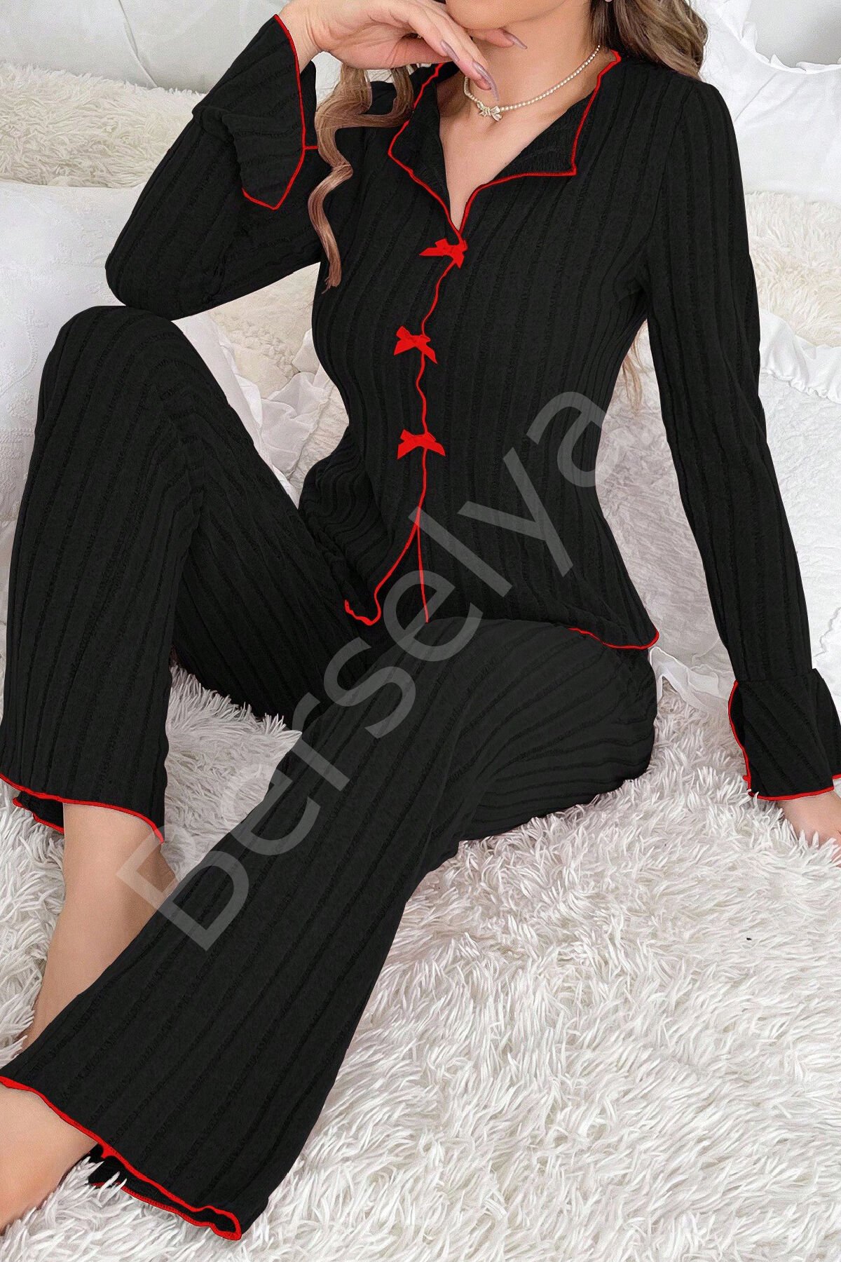 Kadın Siyah Kırmızı Biyeli Ve Fiyonklu Uzun Kollu Mevsimlik Pijama Takımı