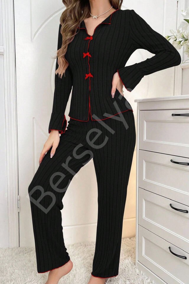 Kadın Siyah Kırmızı Biyeli Ve Fiyonklu Uzun Kollu Mevsimlik Pijama Takımı