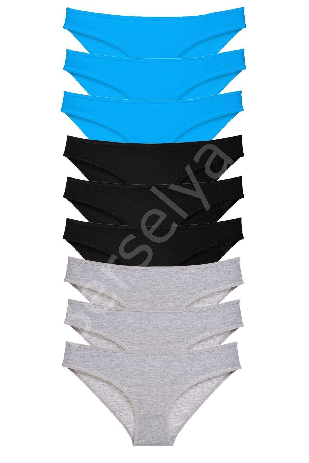 9 adet Süper Eko Set Likralı Kadın Slip Külot Siyah Gri Mavi XL