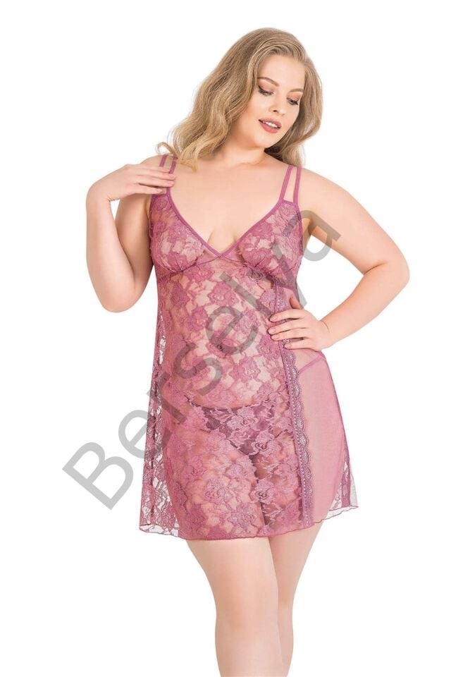 Büyük Beden Gül Kurusu Kısa Tül Gecelik