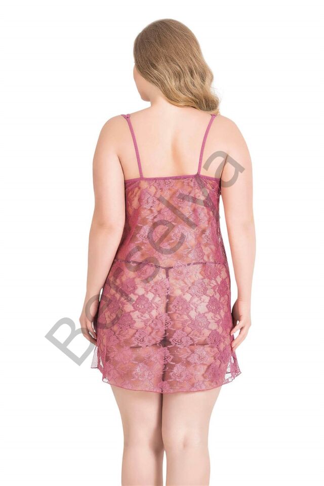 Büyük Beden Gül Kurusu Kısa Tül Gecelik