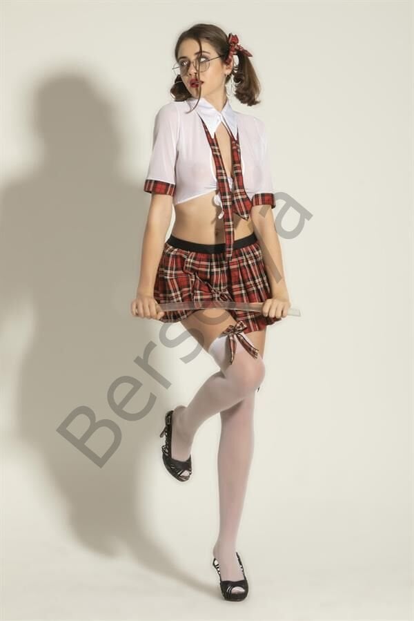 Fantezi Öğrenci Kostümü Beyaz/ekose (brf6536)