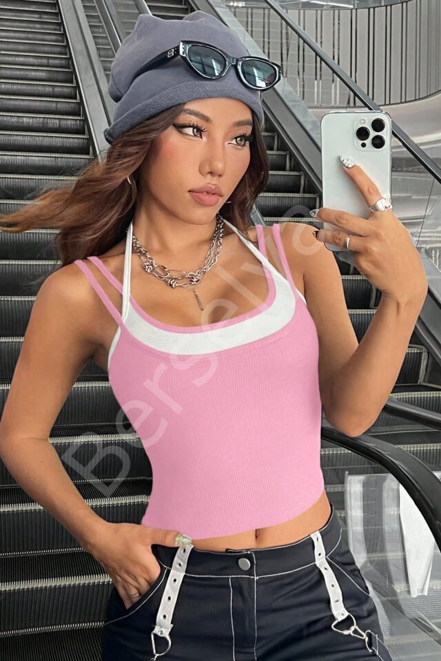 Kadın Pembe Beyaz Çift Renk Çapraz Askılı Crop Top Bluz