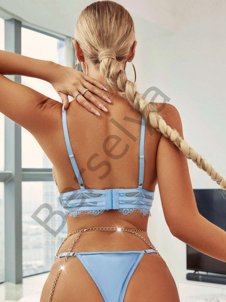 Mavi Zincir Detaylı Fantezi Sütyen Takımı