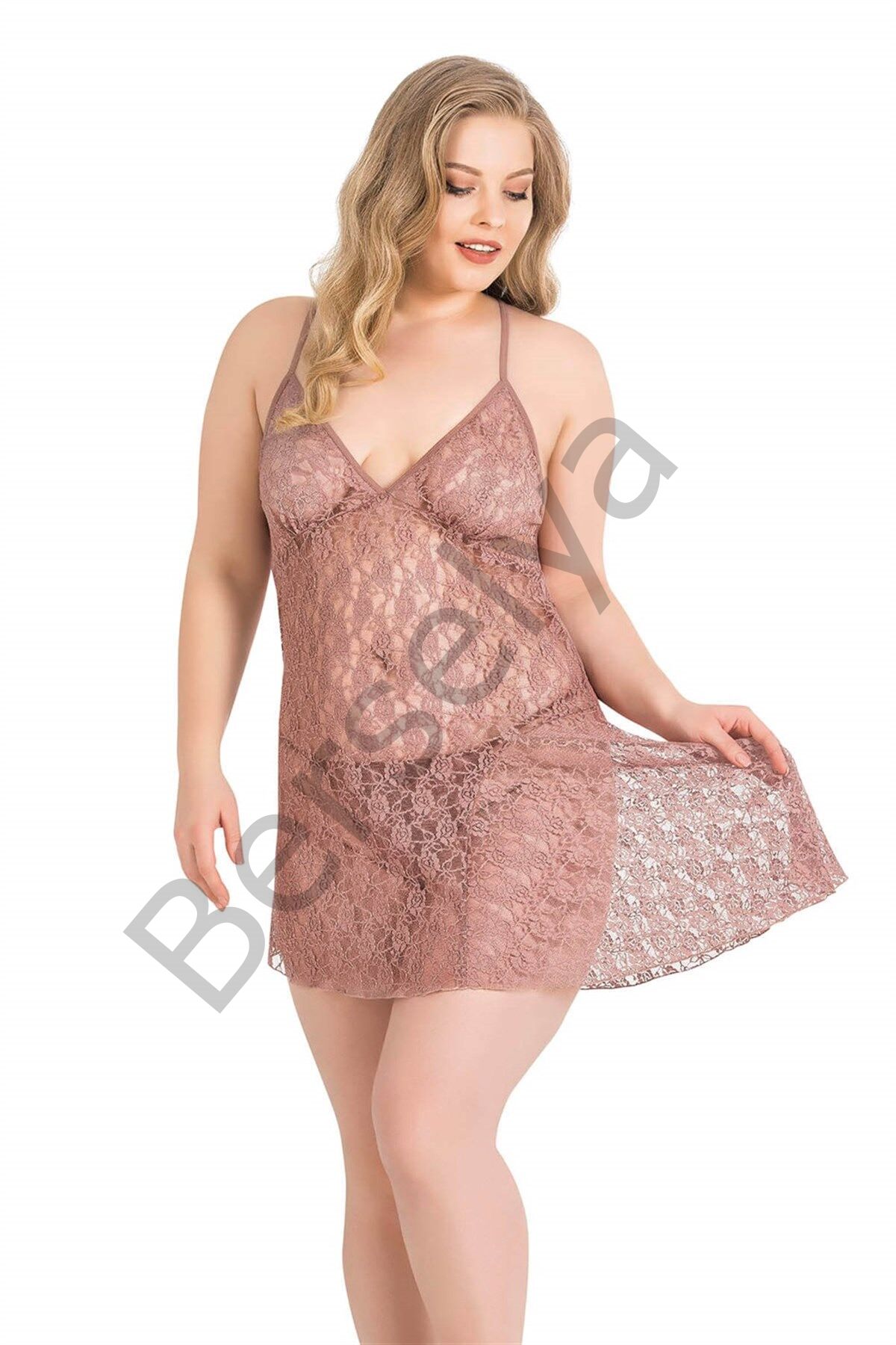 Büyük Beden Vizon Kısa Tül Gecelik