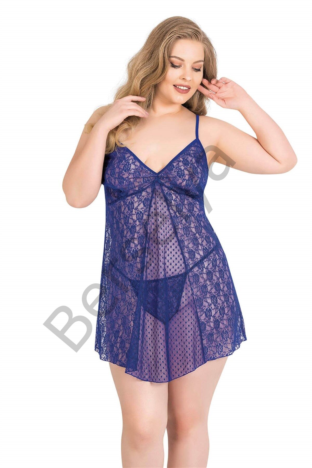 Büyük Beden Saks Kısa Tül Gecelik