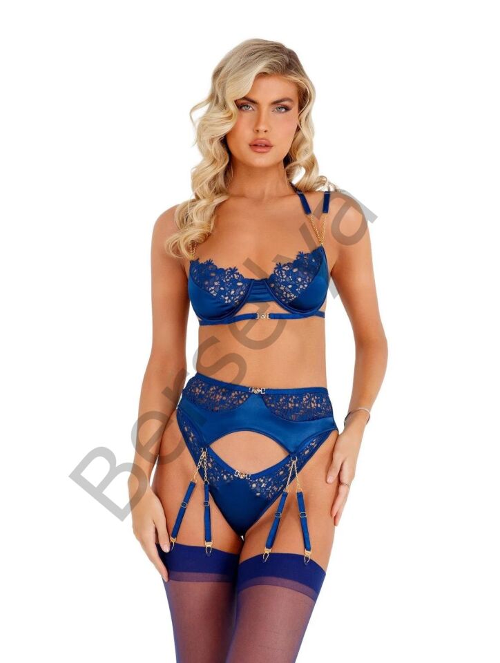 Mavi Dantel İşlemeli Zincir Detaylı Fantezi Jartiyer Takımı