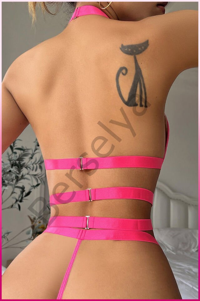 Fuşya Dantel Kalp Detaylı Zincirli Seksi İç Giyim Seti