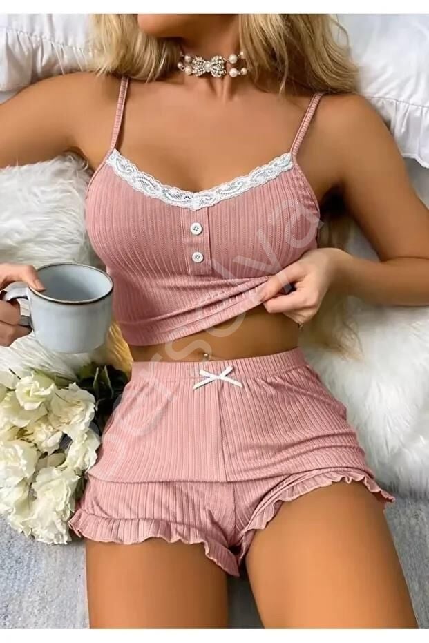 Kadın Pudra Dantel Detaylı Şortlu Gecelik Pijama Takımı 5015