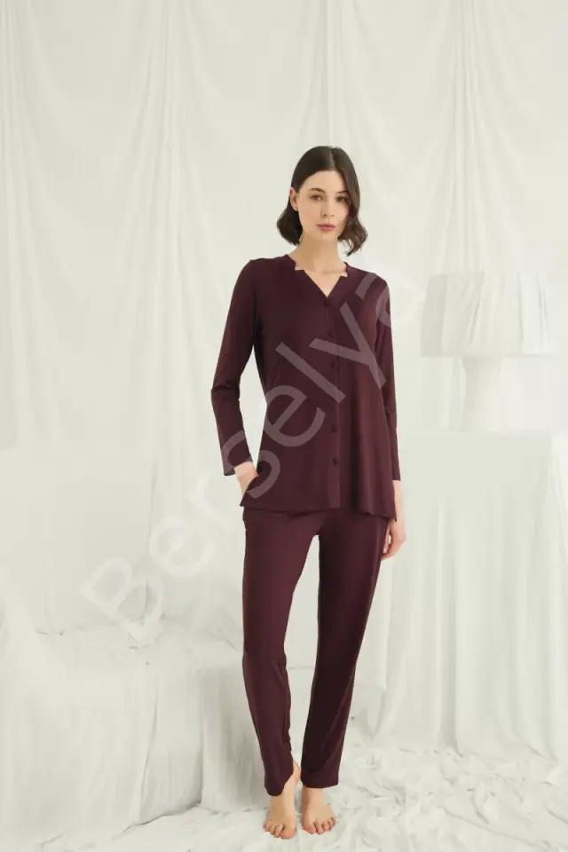 Uzun Kollu Boydan Düğmeli V Yaka Pijama Takımı