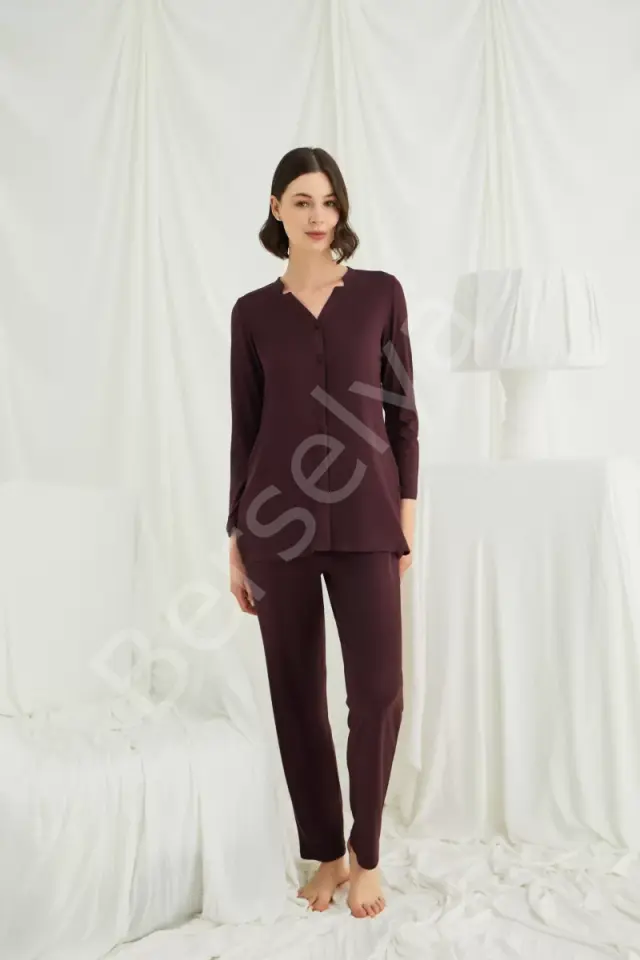 Uzun Kollu Boydan Düğmeli V Yaka Pijama Takımı