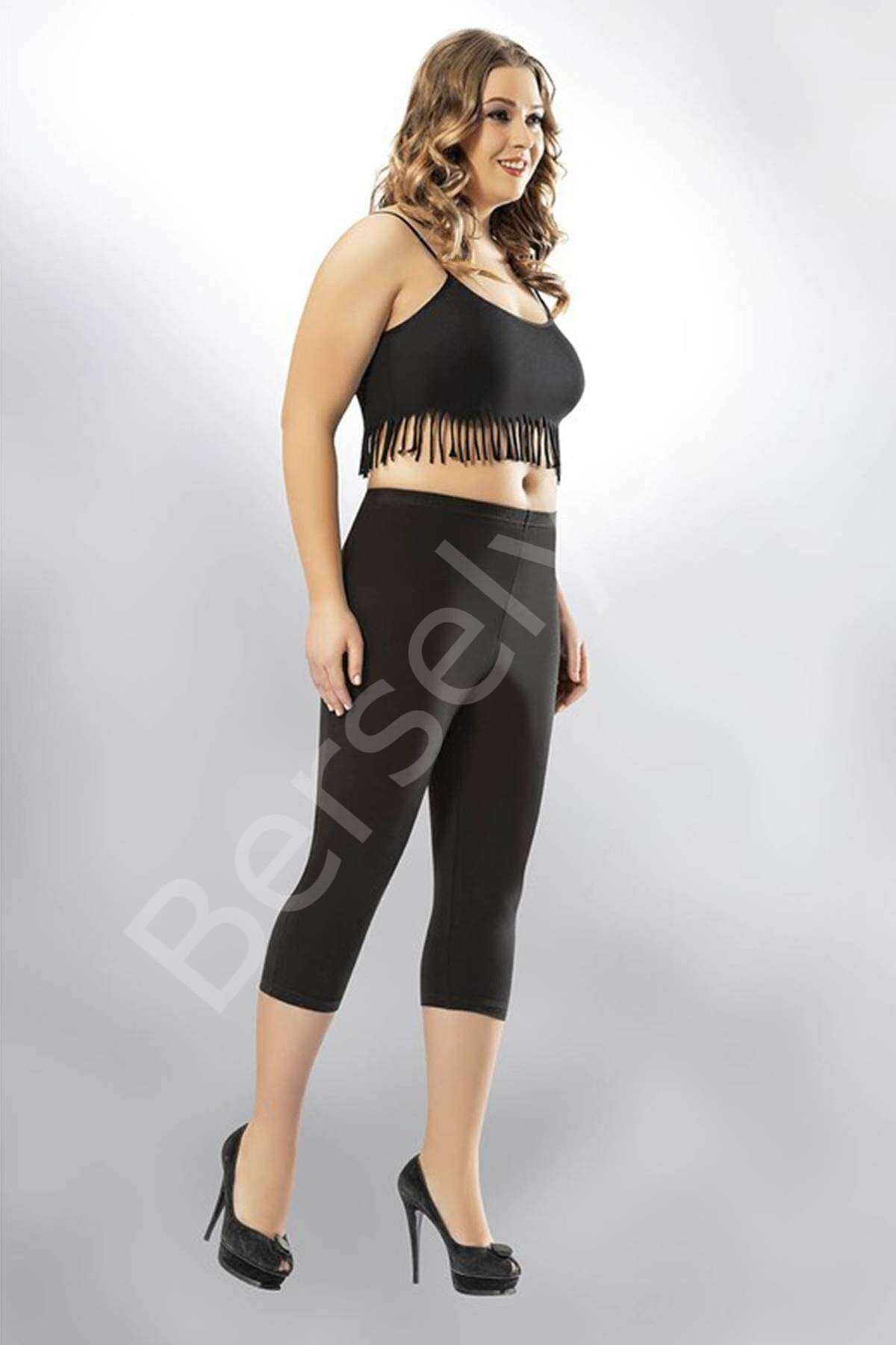 Kota Büyük Beden Kadın Kapri Sporcu Likralı Düz Tayt Siyah 4005