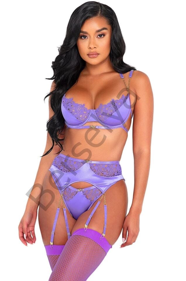 Mor Dantel İşlemeli Zincir Detaylı Fantezi Jartiyer Takımı