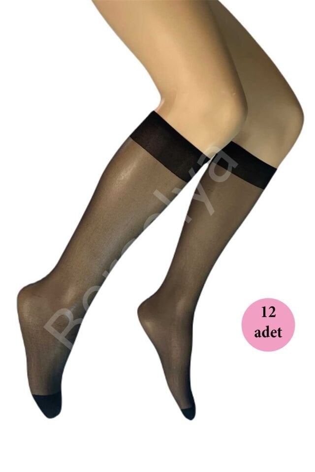 12 Adet Parlak Dizaltı Kadın Çorap 15 Denye Siyah 500