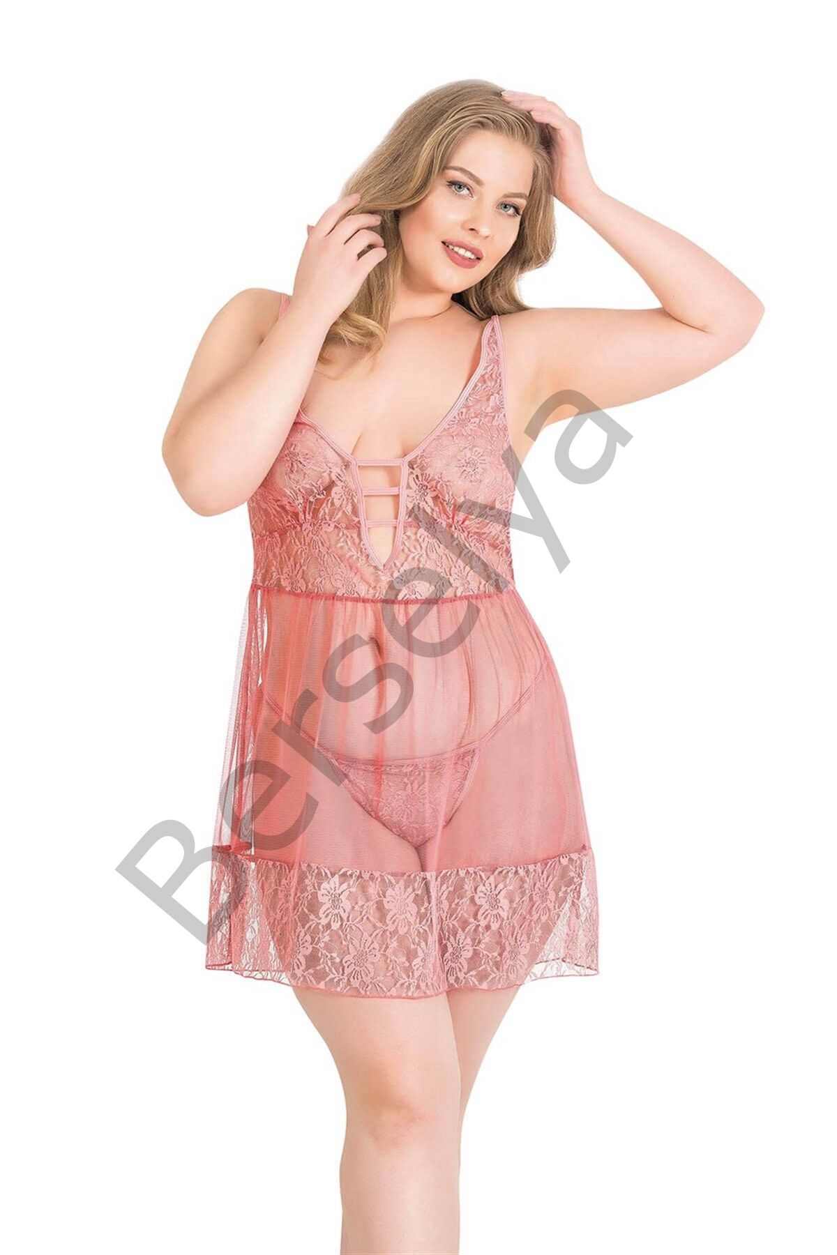 Büyük Beden Mercan Kısa Tül Gecelik