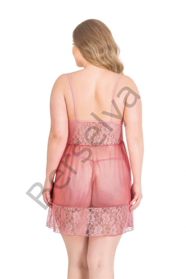 Büyük Beden Mercan Kısa Tül Gecelik