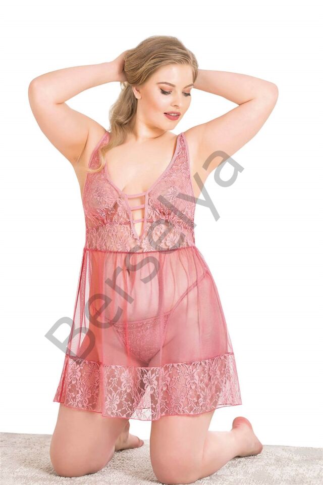 Büyük Beden Mercan Kısa Tül Gecelik