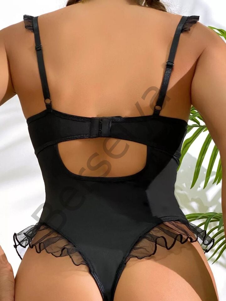 Siyah Tül İşlemeli Fantezi Body