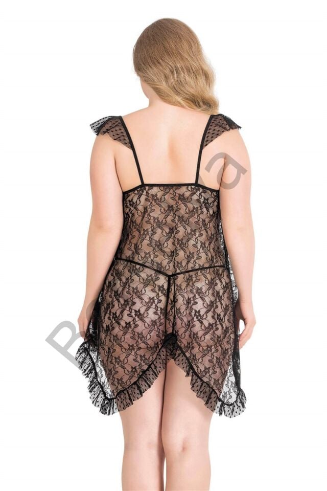 Büyük Beden Siyah Kısa Tül Gecelik