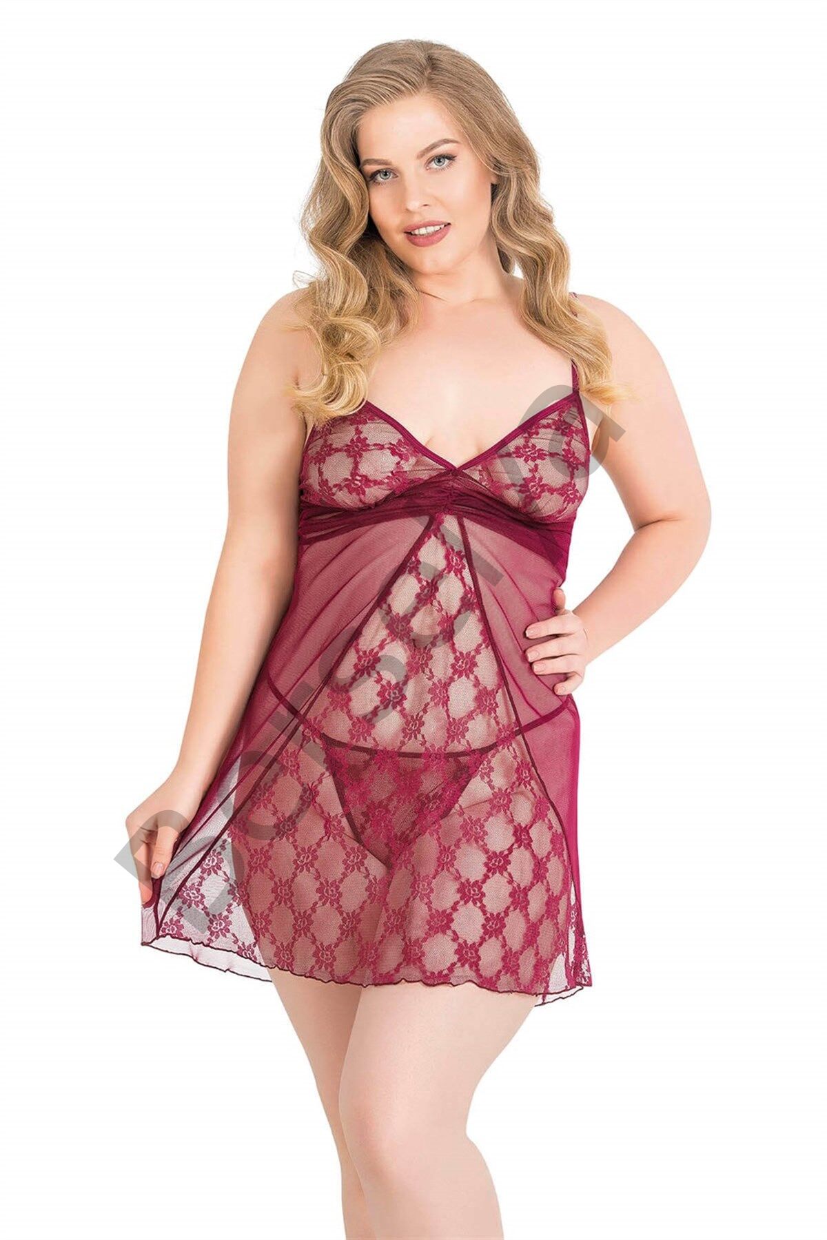 Büyük Beden Bordo Kısa Tül Gecelik