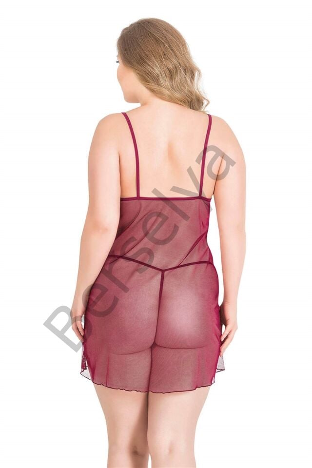 Büyük Beden Bordo Kısa Tül Gecelik