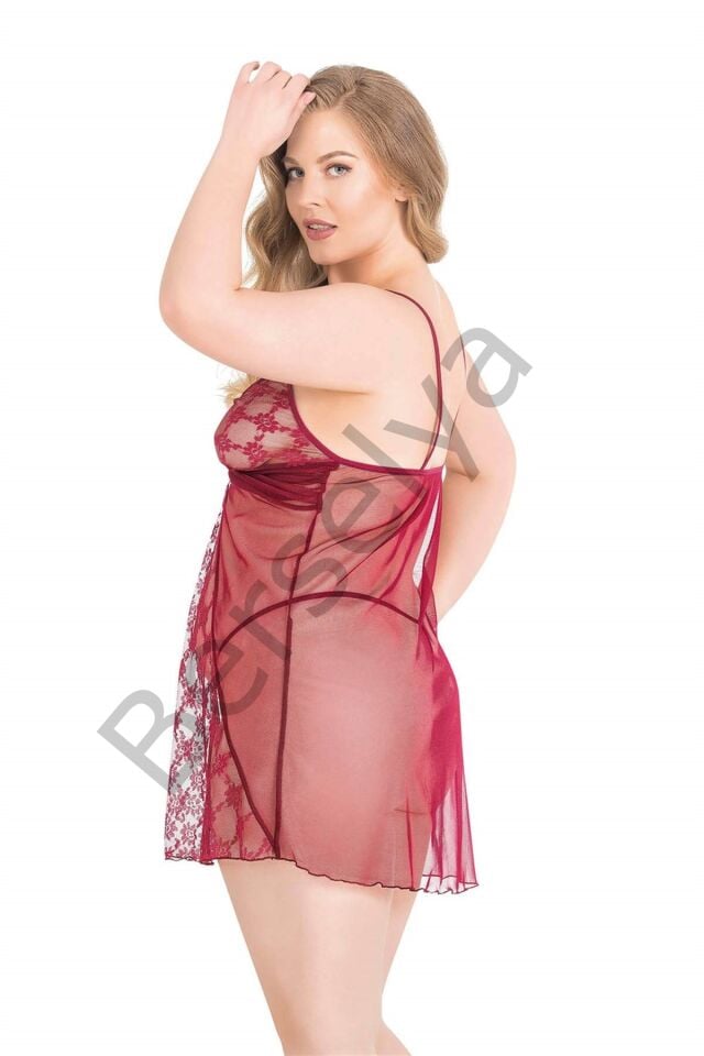 Büyük Beden Bordo Kısa Tül Gecelik