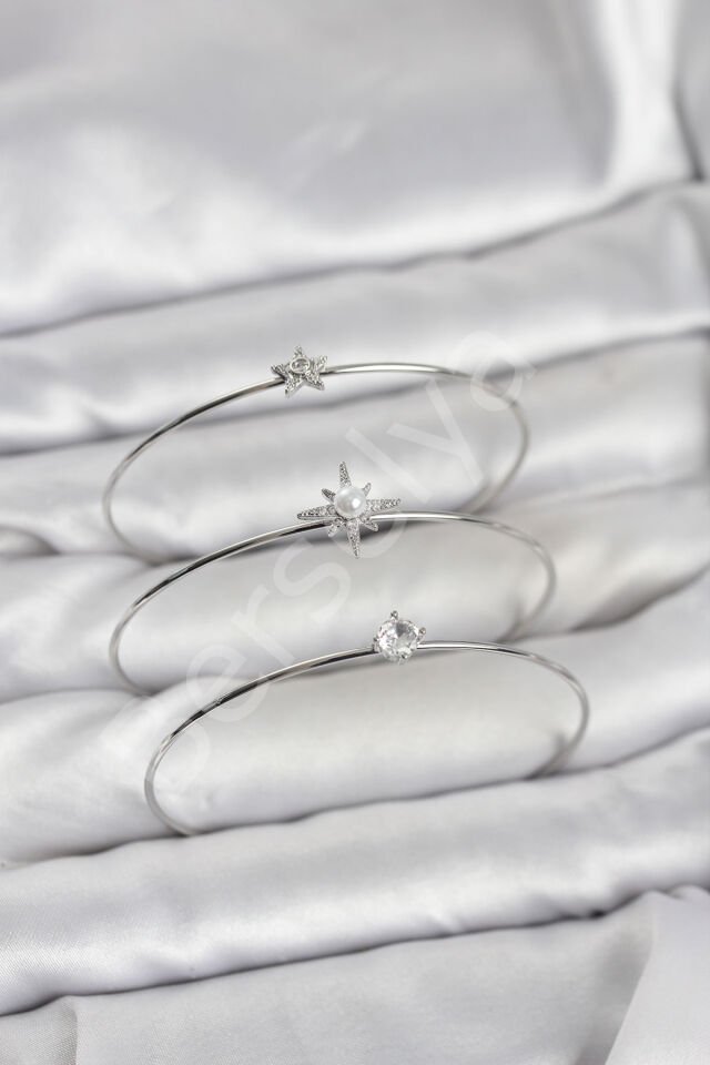 Gümüş Renk Kutup Yıldızı Model Zirkon Taşlı 3'lü Kadın Bileklik Kombini