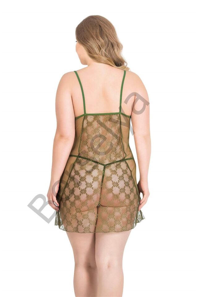 Büyük Beden Haki Kısa Tül Gecelik