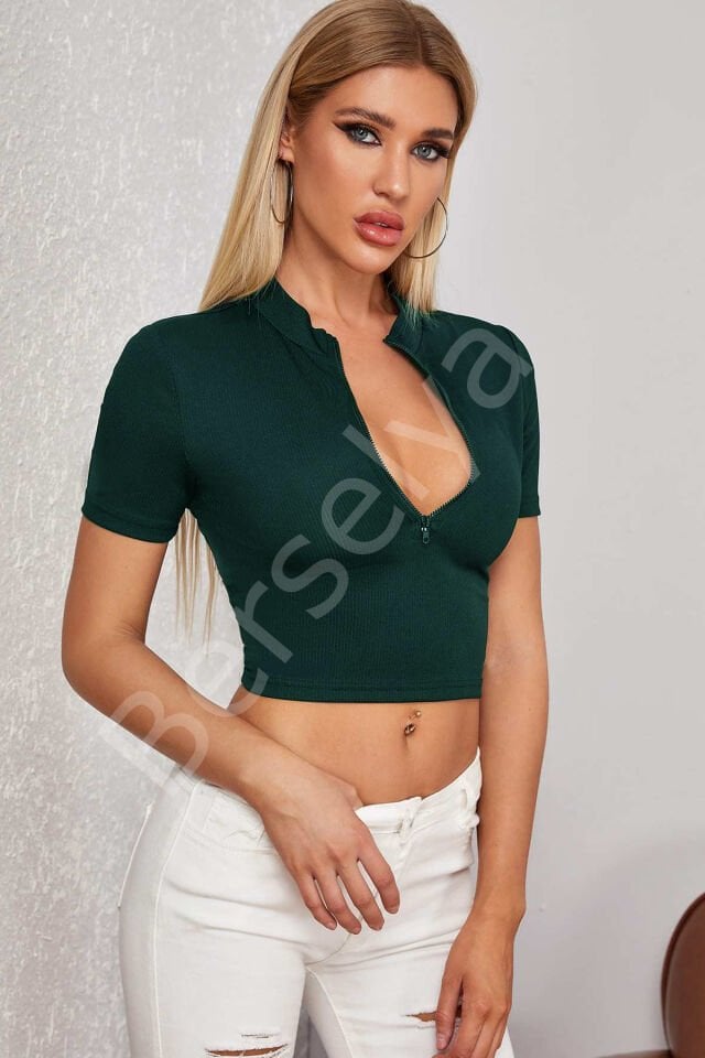 Kadın Yeşil Yarım Fermuarlı Ve Kısa Kollu Crop Top Bluz