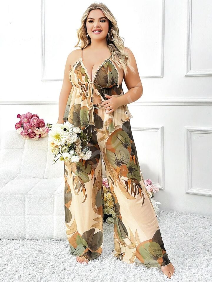 Özel Tasarım Büyük Beden Çiçek Desenli İnce Askılı 2'li Pijama Takımı