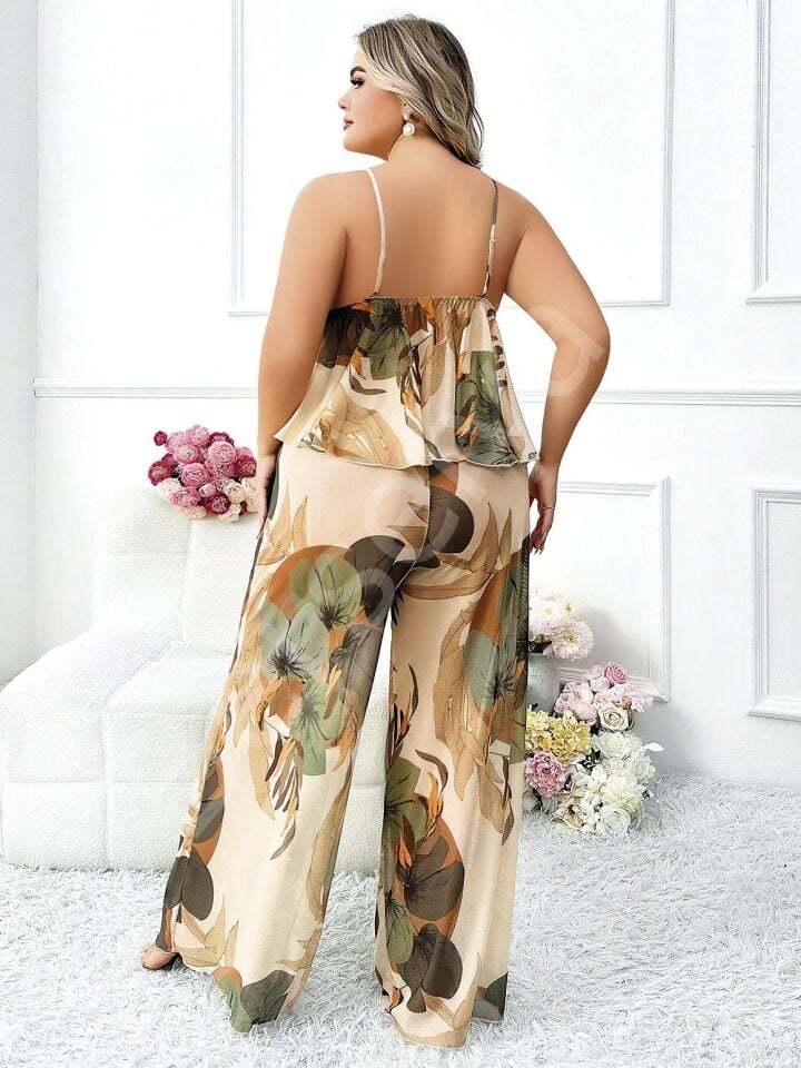 Özel Tasarım Büyük Beden Çiçek Desenli İnce Askılı 2'li Pijama Takımı