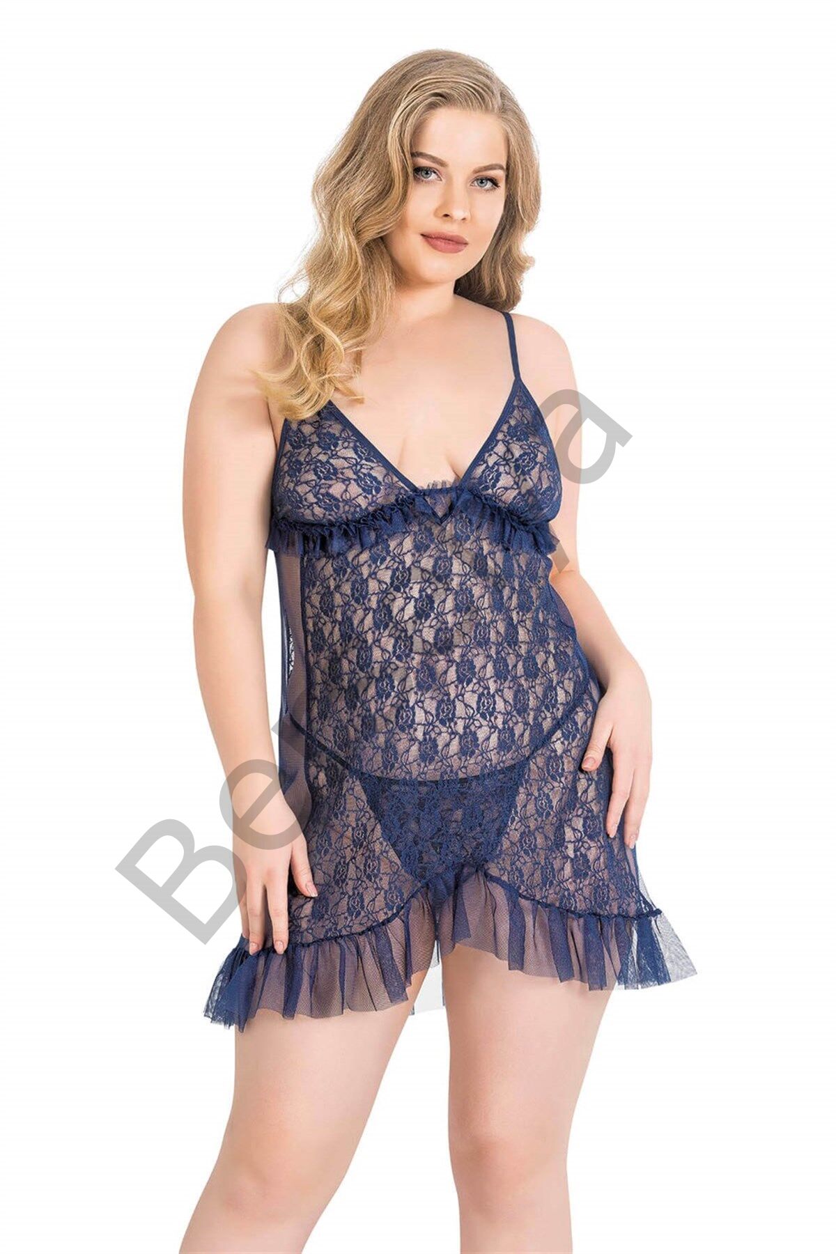 Büyük Beden Lacivert Kısa Tül Gecelik