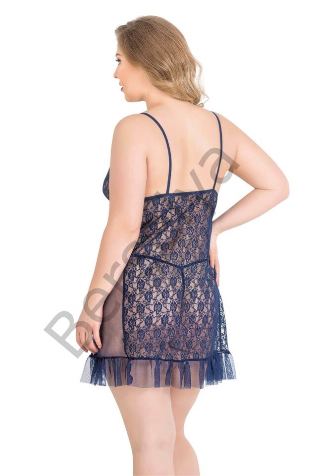 Büyük Beden Lacivert Kısa Tül Gecelik