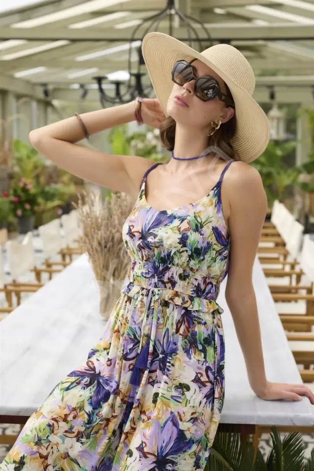Çiçek Ve Yaprak Desenli İp Askılı Tulum