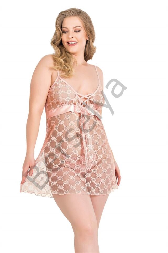 Büyük Beden Somon Kısa Tül Gecelik