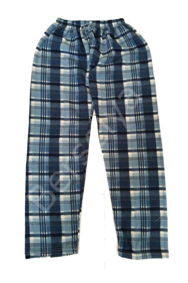 Unisex Polar Pijama Altı Termal Özellikli Mavi Ekose Desenli Ev Giyim Cepsiz