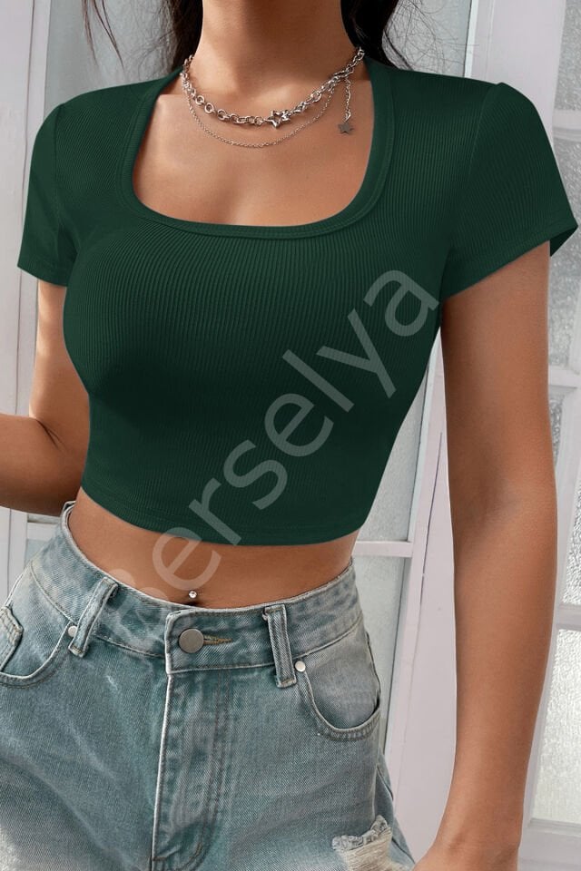 Kadın Yeşil Yarım Kol Düz Yaka Crop Top Bluz