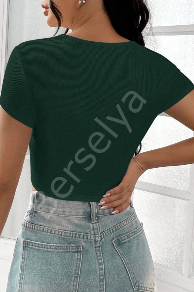 Kadın Yeşil Yarım Kol Düz Yaka Crop Top Bluz