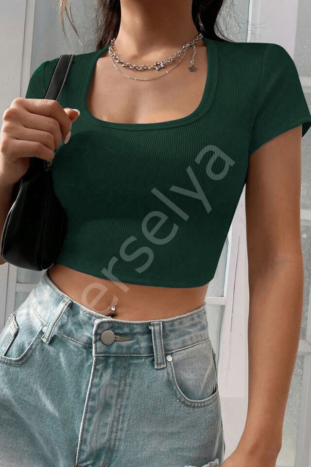 Kadın Yeşil Yarım Kol Düz Yaka Crop Top Bluz