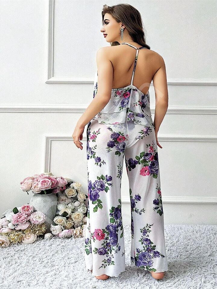Özel Tasarım Büyük Beden Çiçek Desenli Fırfırlı 2'li Pijama Takımı