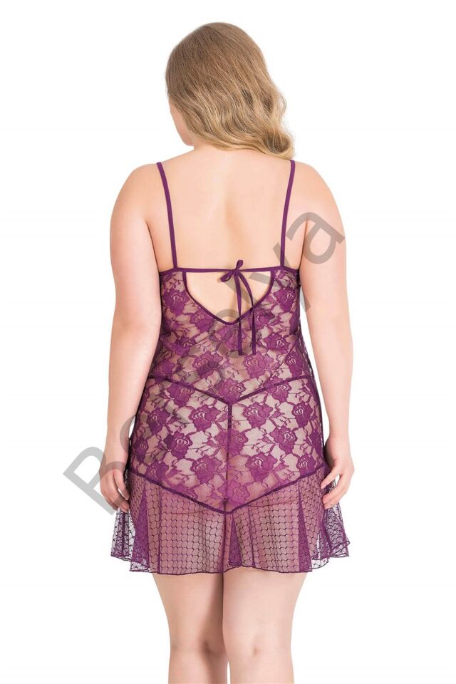 Büyük Beden Mor Kısa Tül Gecelik